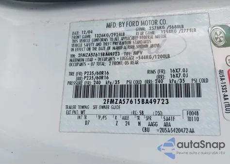 2005 Ford Freestar Ses z USA, uszkodzony, nr VIN 2FMZA57615BA49723